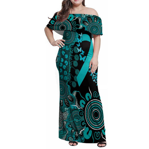 PTSD Awareness Personalised Family Matching Off Shoulder Maxi Dress and Hawaiian Shirt Aboriginal Ribbon Dot Painting