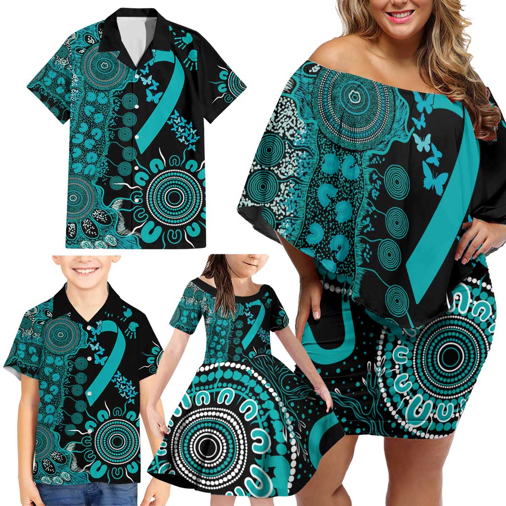 PTSD Awareness Personalised Family Matching Off Shoulder Short Dress and Hawaiian Shirt Aboriginal Ribbon Dot Painting