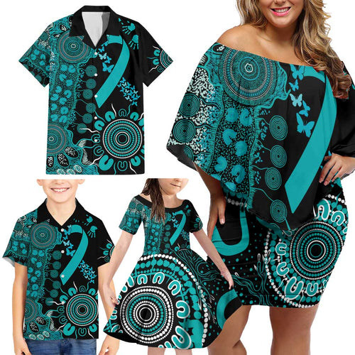 PTSD Awareness Personalised Family Matching Off Shoulder Short Dress and Hawaiian Shirt Aboriginal Ribbon Dot Painting