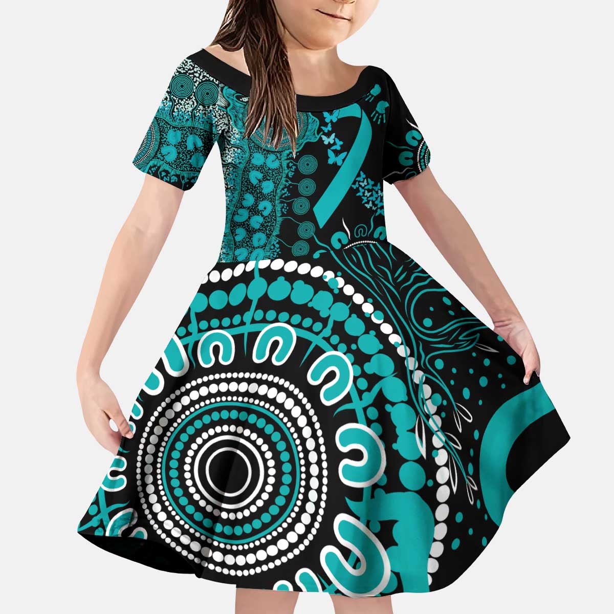 PTSD Awareness Personalised Kid Short Sleeve Dress Aboriginal Ribbon Dot Painting