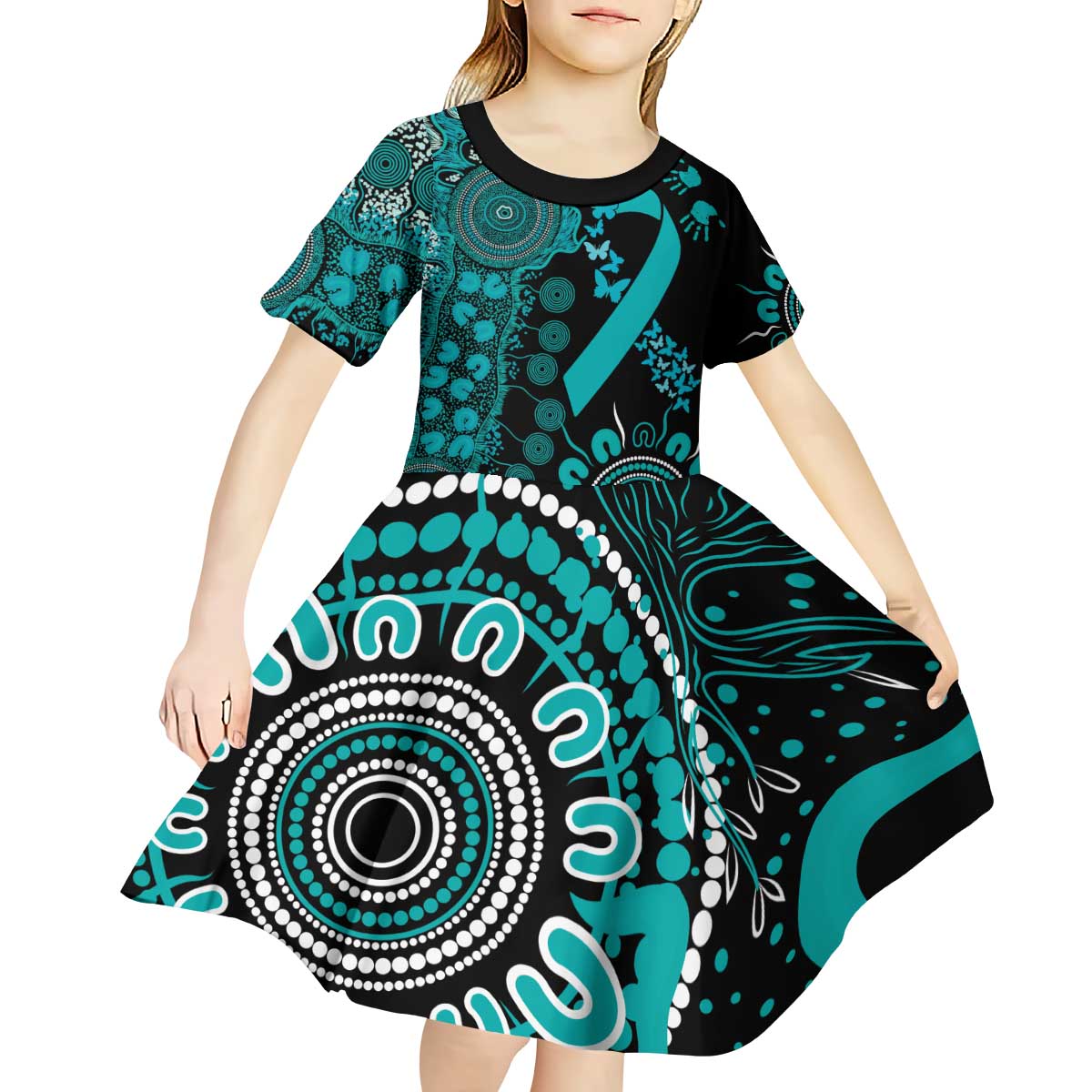 PTSD Awareness Personalised Kid Short Sleeve Dress Aboriginal Ribbon Dot Painting