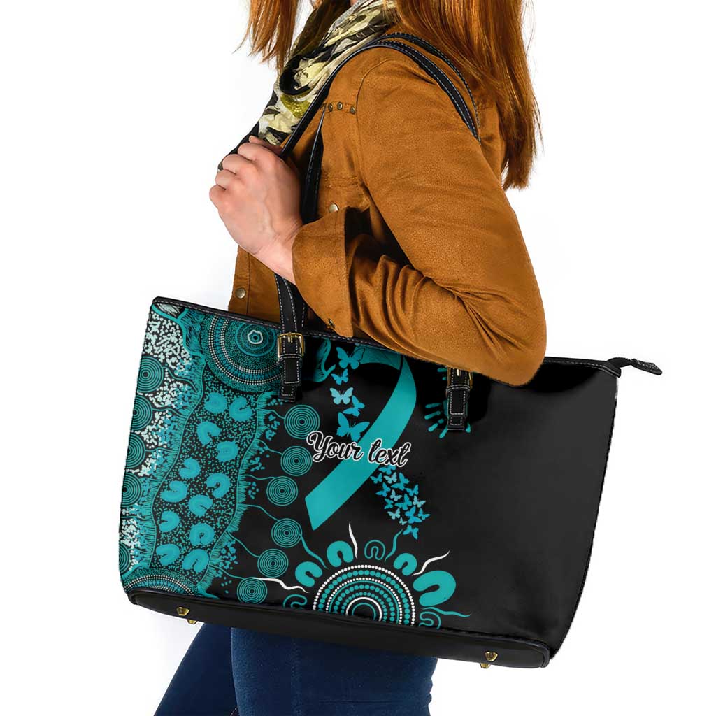 PTSD Awareness Personalised Leather Tote Bag Aboriginal Ribbon Dot Painting