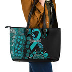 PTSD Awareness Personalised Leather Tote Bag Aboriginal Ribbon Dot Painting