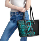 PTSD Awareness Personalised Leather Tote Bag Aboriginal Ribbon Dot Painting