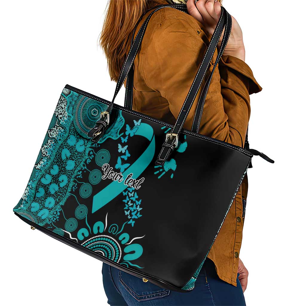 PTSD Awareness Personalised Leather Tote Bag Aboriginal Ribbon Dot Painting