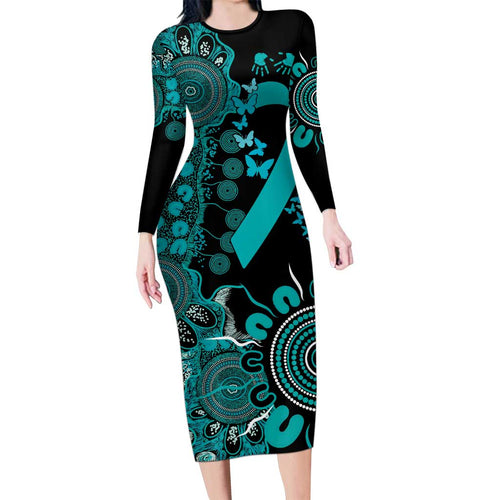 PTSD Awareness Personalised Long Sleeve Bodycon Dress Aboriginal Ribbon Dot Painting