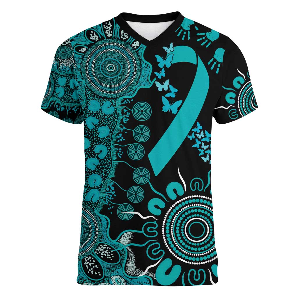 PTSD Awareness Personalised Women V-Neck T-Shirt Aboriginal Ribbon Dot Painting