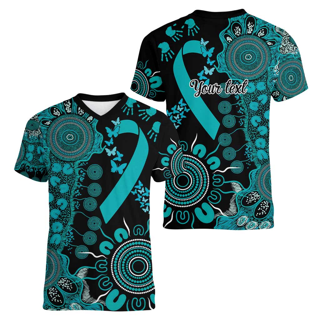 PTSD Awareness Personalised Women V-Neck T-Shirt Aboriginal Ribbon Dot Painting