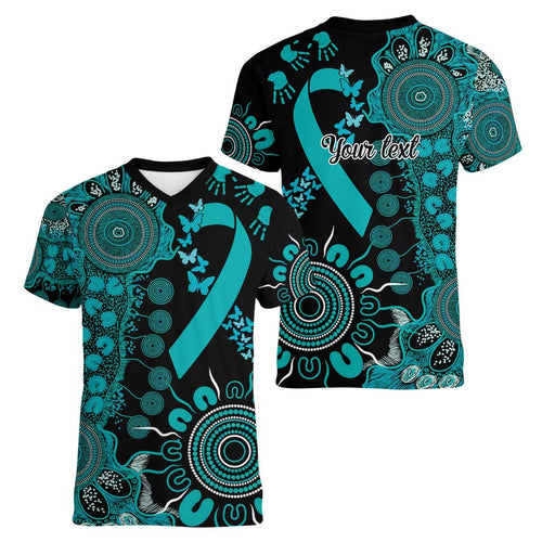 PTSD Awareness Personalised Women V-Neck T-Shirt Aboriginal Ribbon Dot Painting