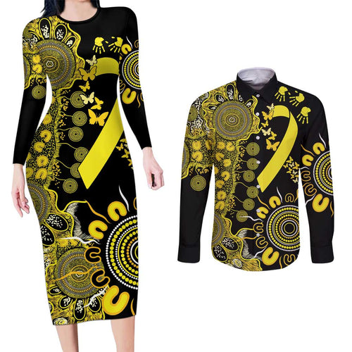 Sarcoma Awareness Personalised Couples Matching Long Sleeve Bodycon Dress and Long Sleeve Button Shirt Aboriginal Ribbon Dot Painting