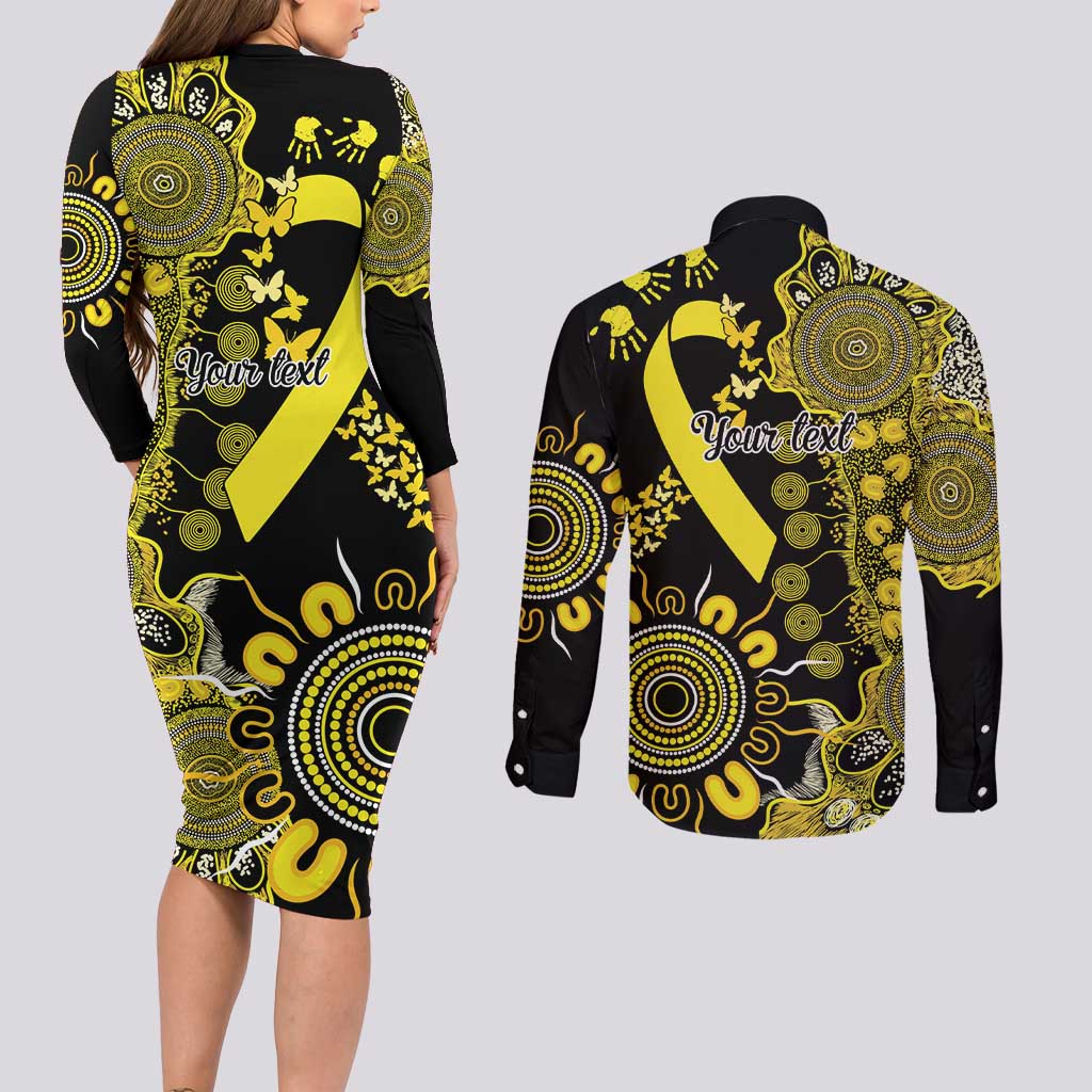 Sarcoma Awareness Personalised Couples Matching Long Sleeve Bodycon Dress and Long Sleeve Button Shirt Aboriginal Ribbon Dot Painting