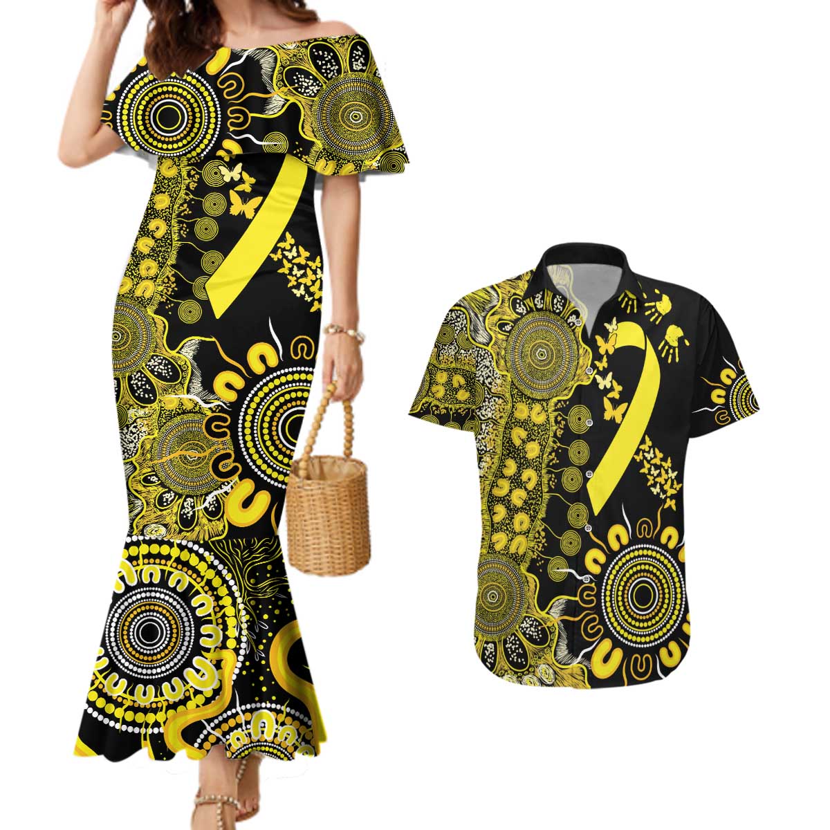 Sarcoma Awareness Personalised Couples Matching Mermaid Dress and Hawaiian Shirt Aboriginal Ribbon Dot Painting
