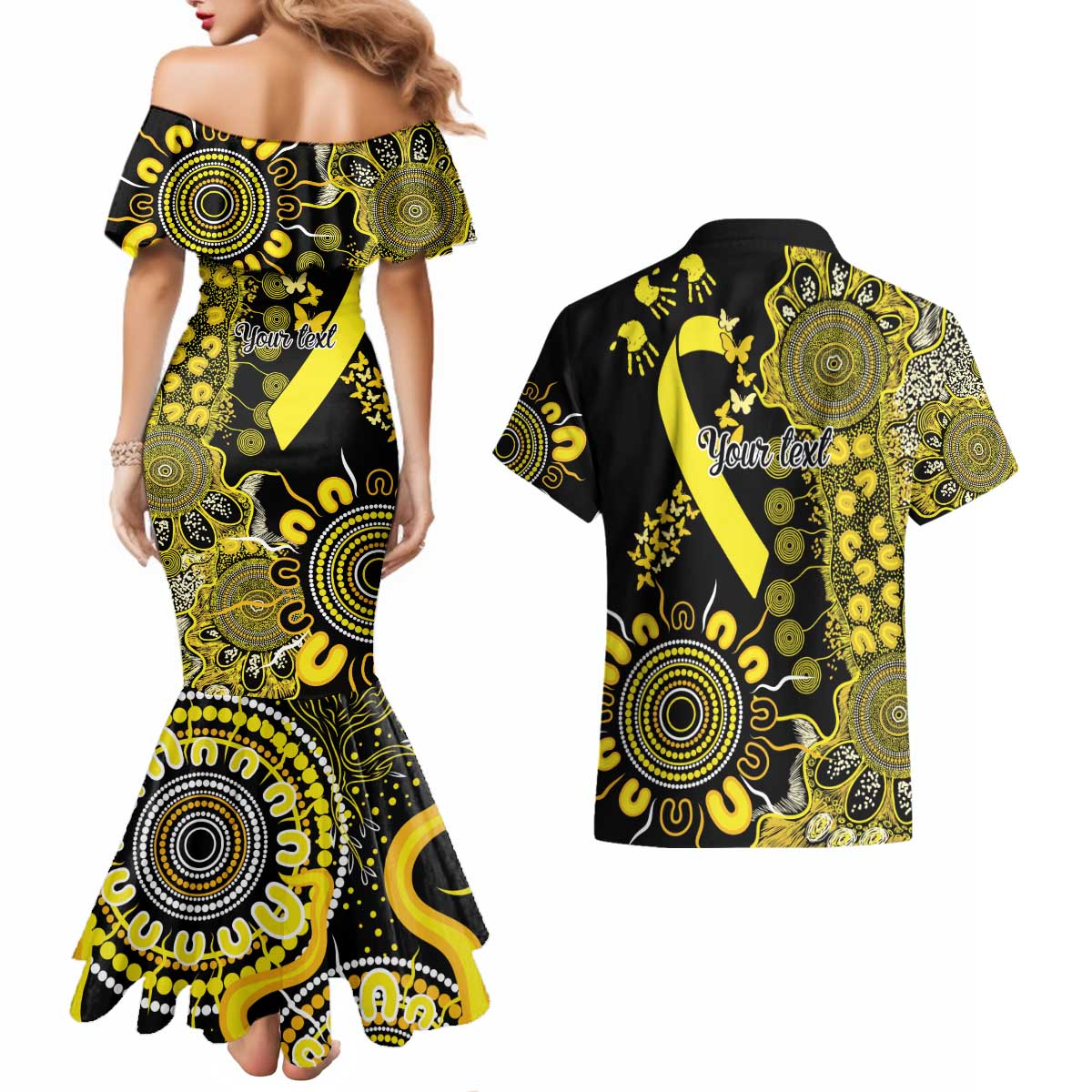 Sarcoma Awareness Personalised Couples Matching Mermaid Dress and Hawaiian Shirt Aboriginal Ribbon Dot Painting