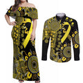 Sarcoma Awareness Personalised Couples Matching Off Shoulder Maxi Dress and Long Sleeve Button Shirt Aboriginal Ribbon Dot Painting
