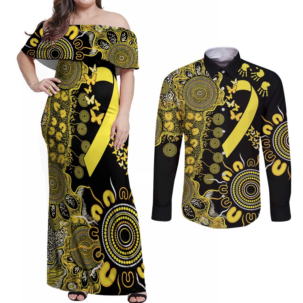 Sarcoma Awareness Personalised Couples Matching Off Shoulder Maxi Dress and Long Sleeve Button Shirt Aboriginal Ribbon Dot Painting