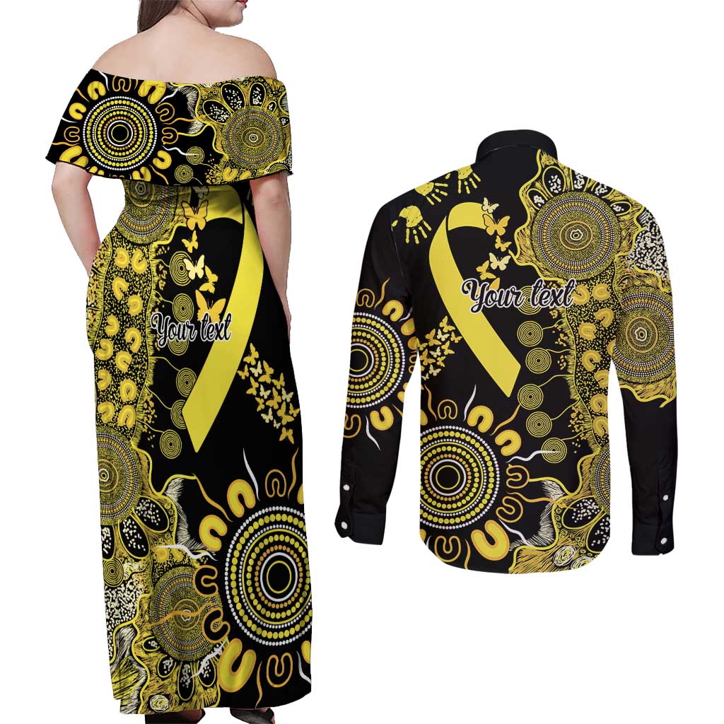 Sarcoma Awareness Personalised Couples Matching Off Shoulder Maxi Dress and Long Sleeve Button Shirt Aboriginal Ribbon Dot Painting