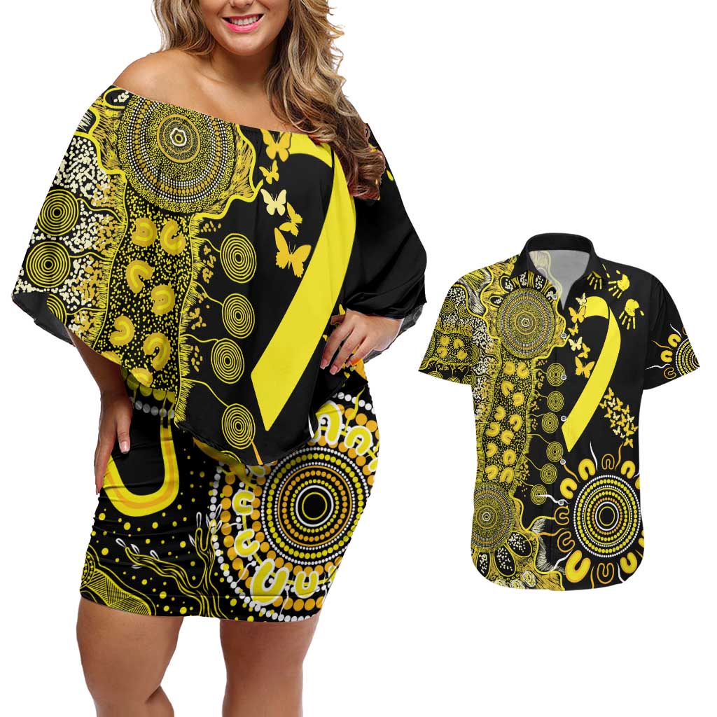 Sarcoma Awareness Personalised Couples Matching Off Shoulder Short Dress and Hawaiian Shirt Aboriginal Ribbon Dot Painting