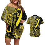 Sarcoma Awareness Personalised Couples Matching Off Shoulder Short Dress and Hawaiian Shirt Aboriginal Ribbon Dot Painting
