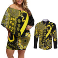 Sarcoma Awareness Personalised Couples Matching Off Shoulder Short Dress and Long Sleeve Button Shirt Aboriginal Ribbon Dot Painting
