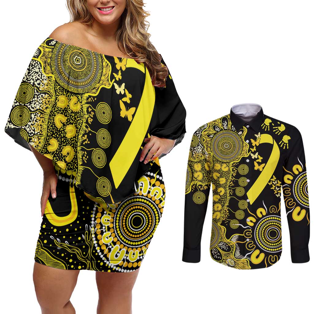 Sarcoma Awareness Personalised Couples Matching Off Shoulder Short Dress and Long Sleeve Button Shirt Aboriginal Ribbon Dot Painting