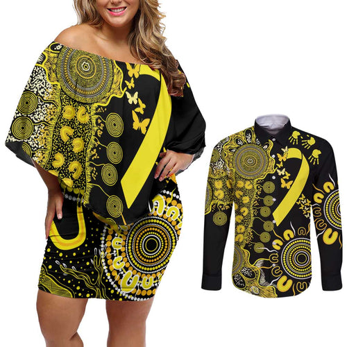Sarcoma Awareness Personalised Couples Matching Off Shoulder Short Dress and Long Sleeve Button Shirt Aboriginal Ribbon Dot Painting