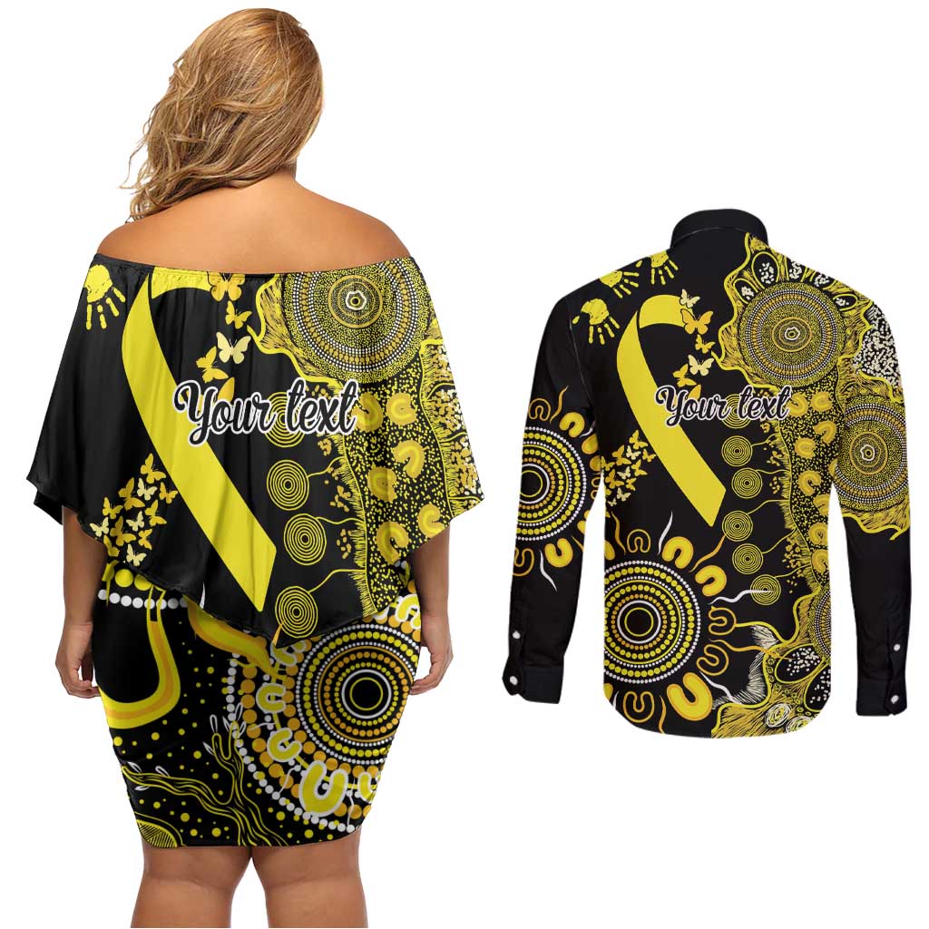 Sarcoma Awareness Personalised Couples Matching Off Shoulder Short Dress and Long Sleeve Button Shirt Aboriginal Ribbon Dot Painting