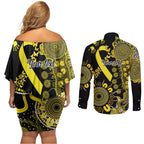 Sarcoma Awareness Personalised Couples Matching Off Shoulder Short Dress and Long Sleeve Button Shirt Aboriginal Ribbon Dot Painting