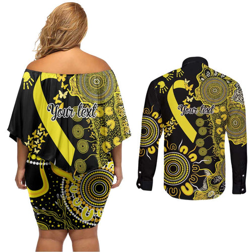 Sarcoma Awareness Personalised Couples Matching Off Shoulder Short Dress and Long Sleeve Button Shirt Aboriginal Ribbon Dot Painting