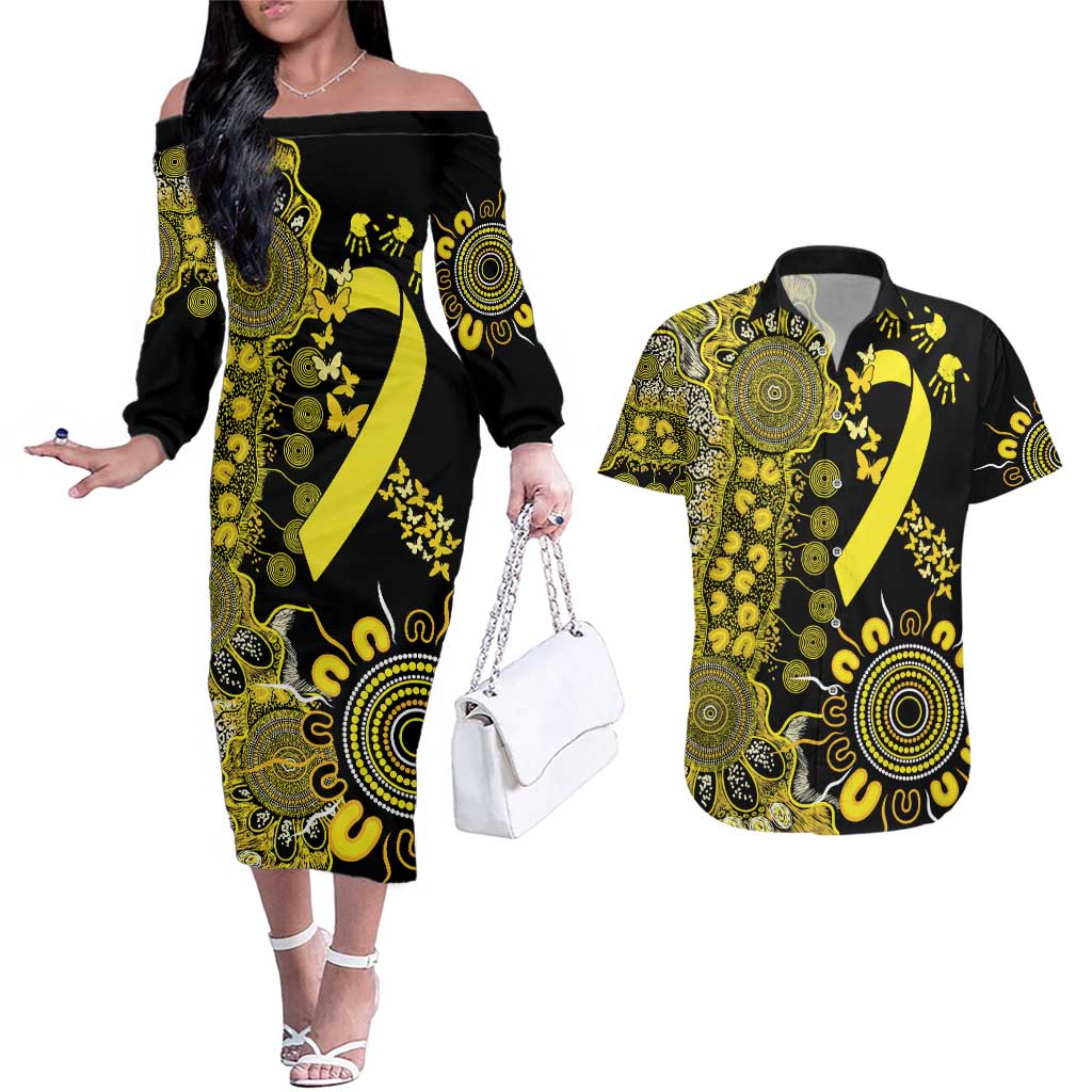 Sarcoma Awareness Personalised Couples Matching Off The Shoulder Long Sleeve Dress and Hawaiian Shirt Aboriginal Ribbon Dot Painting
