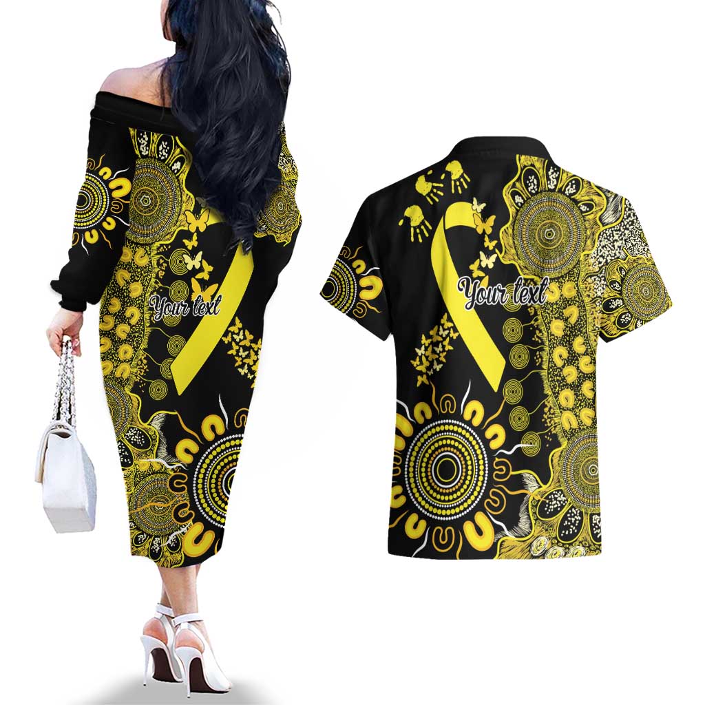 Sarcoma Awareness Personalised Couples Matching Off The Shoulder Long Sleeve Dress and Hawaiian Shirt Aboriginal Ribbon Dot Painting