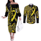 Sarcoma Awareness Personalised Couples Matching Off The Shoulder Long Sleeve Dress and Long Sleeve Button Shirt Aboriginal Ribbon Dot Painting