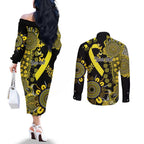 Sarcoma Awareness Personalised Couples Matching Off The Shoulder Long Sleeve Dress and Long Sleeve Button Shirt Aboriginal Ribbon Dot Painting