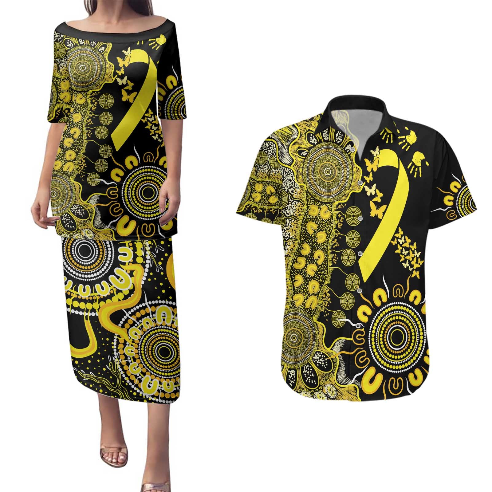 Sarcoma Awareness Personalised Couples Matching Puletasi and Hawaiian Shirt Aboriginal Ribbon Dot Painting