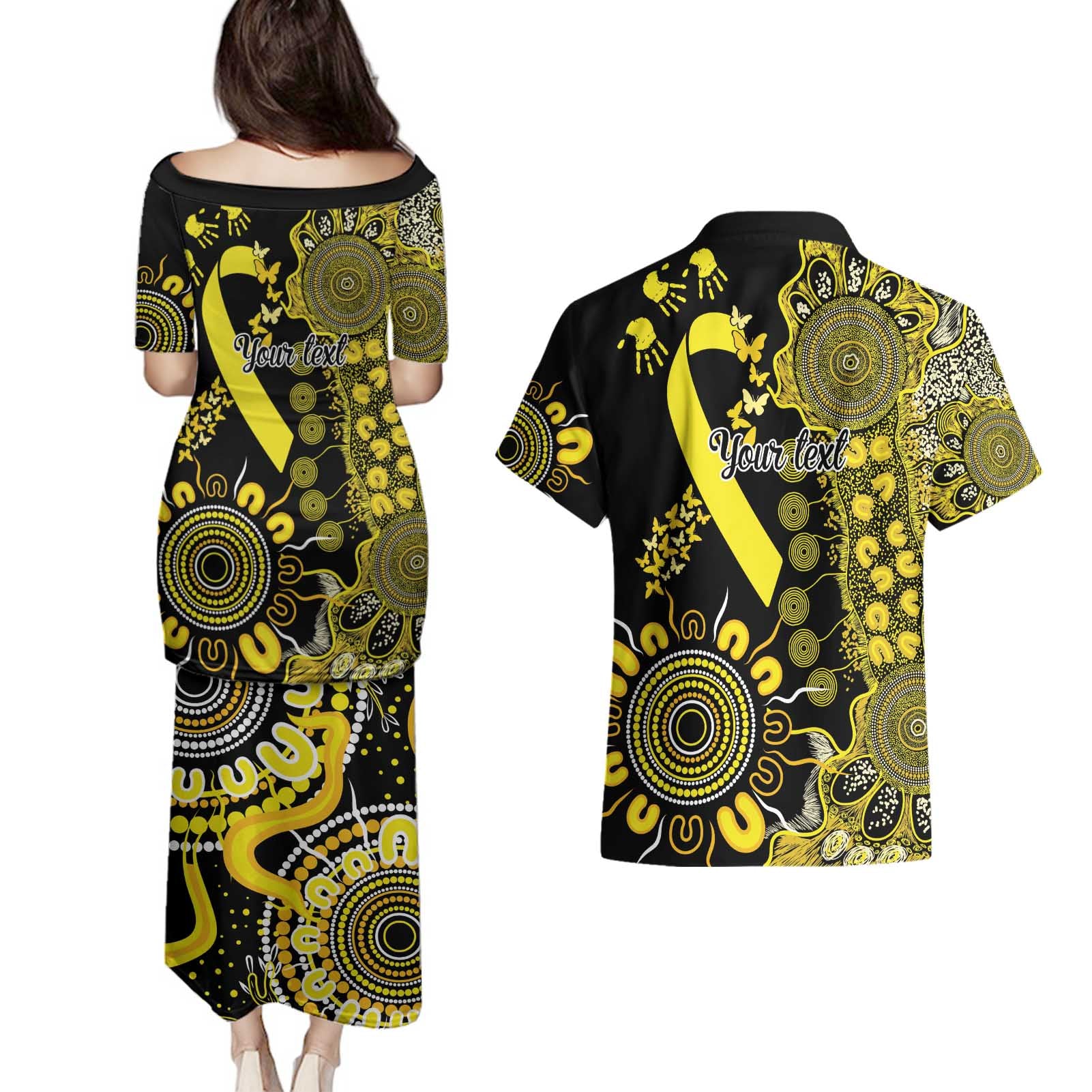 Sarcoma Awareness Personalised Couples Matching Puletasi and Hawaiian Shirt Aboriginal Ribbon Dot Painting