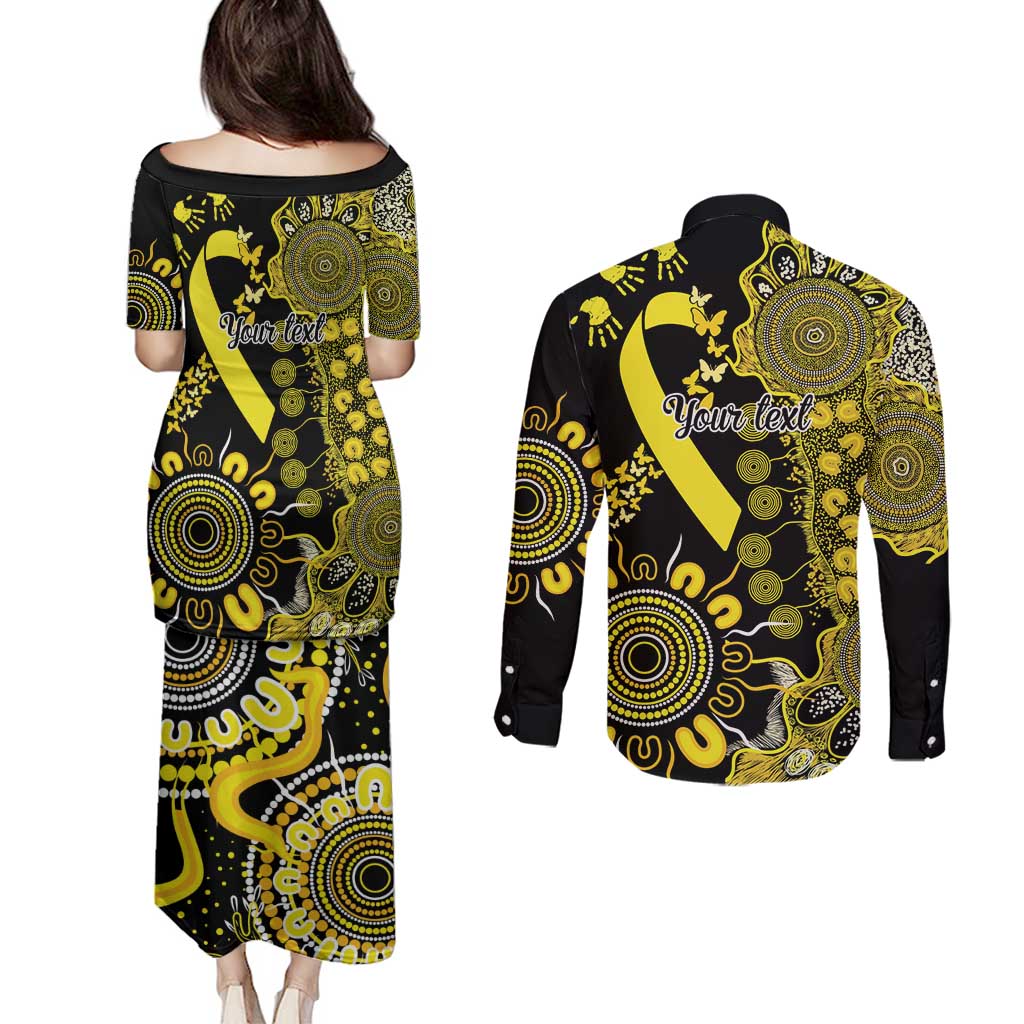 Sarcoma Awareness Personalised Couples Matching Puletasi and Long Sleeve Button Shirt Aboriginal Ribbon Dot Painting