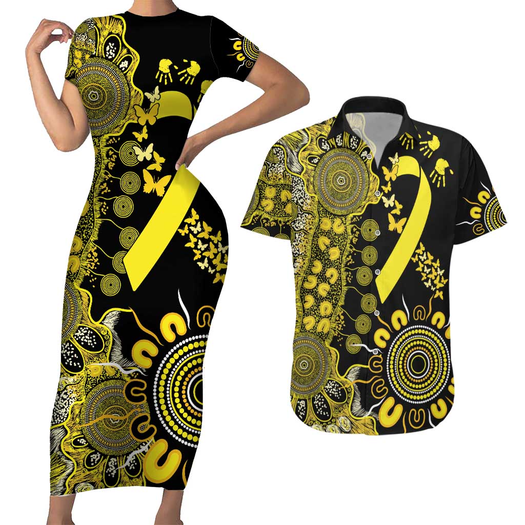 Sarcoma Awareness Personalised Couples Matching Short Sleeve Bodycon Dress and Hawaiian Shirt Aboriginal Ribbon Dot Painting