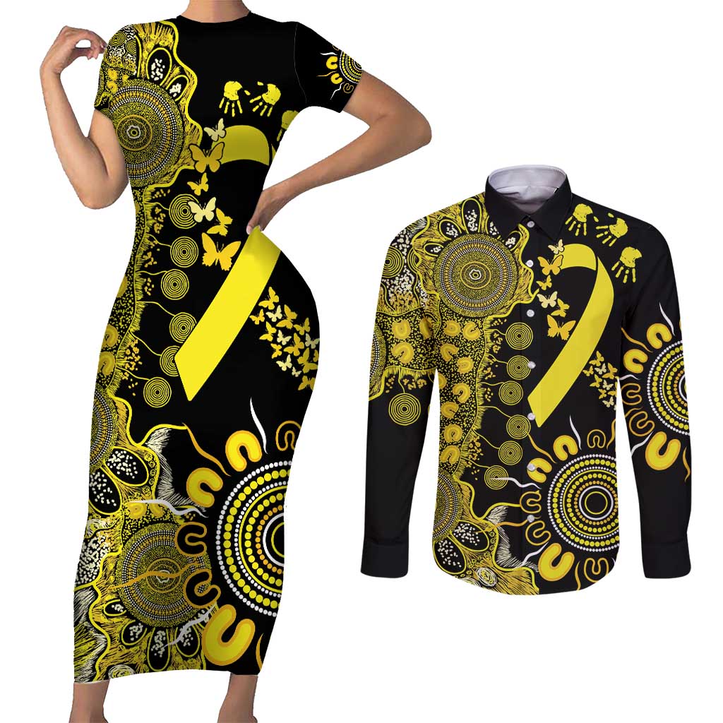Sarcoma Awareness Personalised Couples Matching Short Sleeve Bodycon Dress and Long Sleeve Button Shirt Aboriginal Ribbon Dot Painting