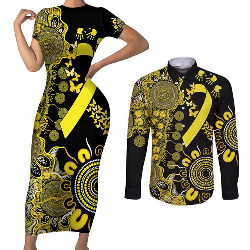 Sarcoma Awareness Personalised Couples Matching Short Sleeve Bodycon Dress and Long Sleeve Button Shirt Aboriginal Ribbon Dot Painting