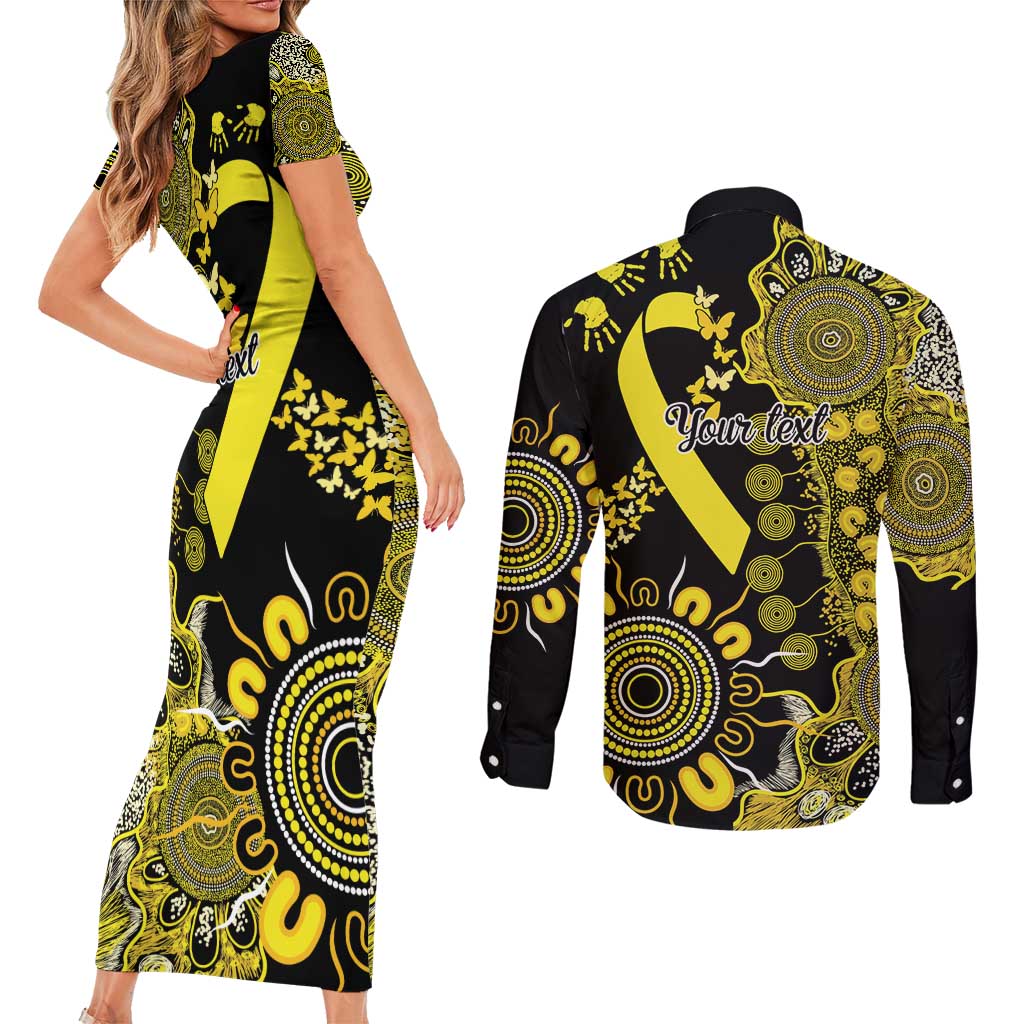 Sarcoma Awareness Personalised Couples Matching Short Sleeve Bodycon Dress and Long Sleeve Button Shirt Aboriginal Ribbon Dot Painting