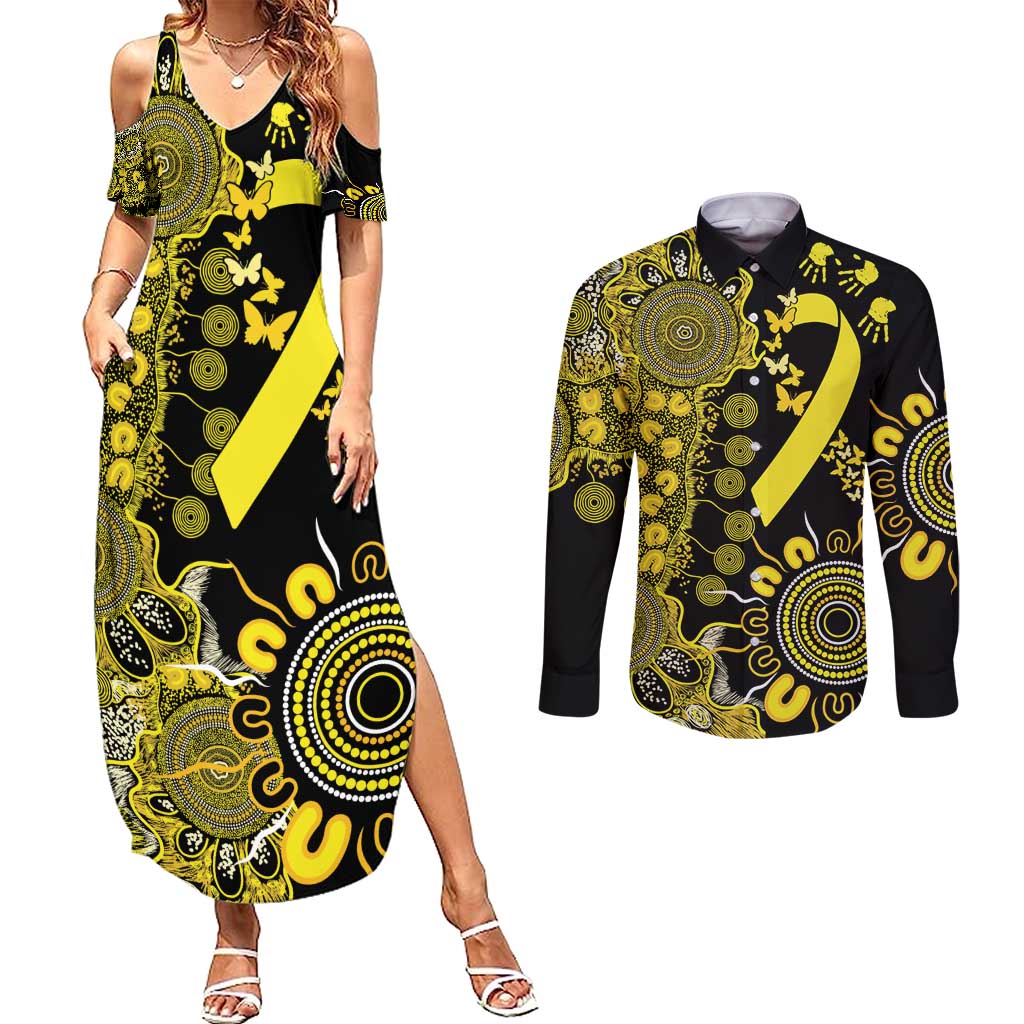 Sarcoma Awareness Personalised Couples Matching Summer Maxi Dress and Long Sleeve Button Shirt Aboriginal Ribbon Dot Painting