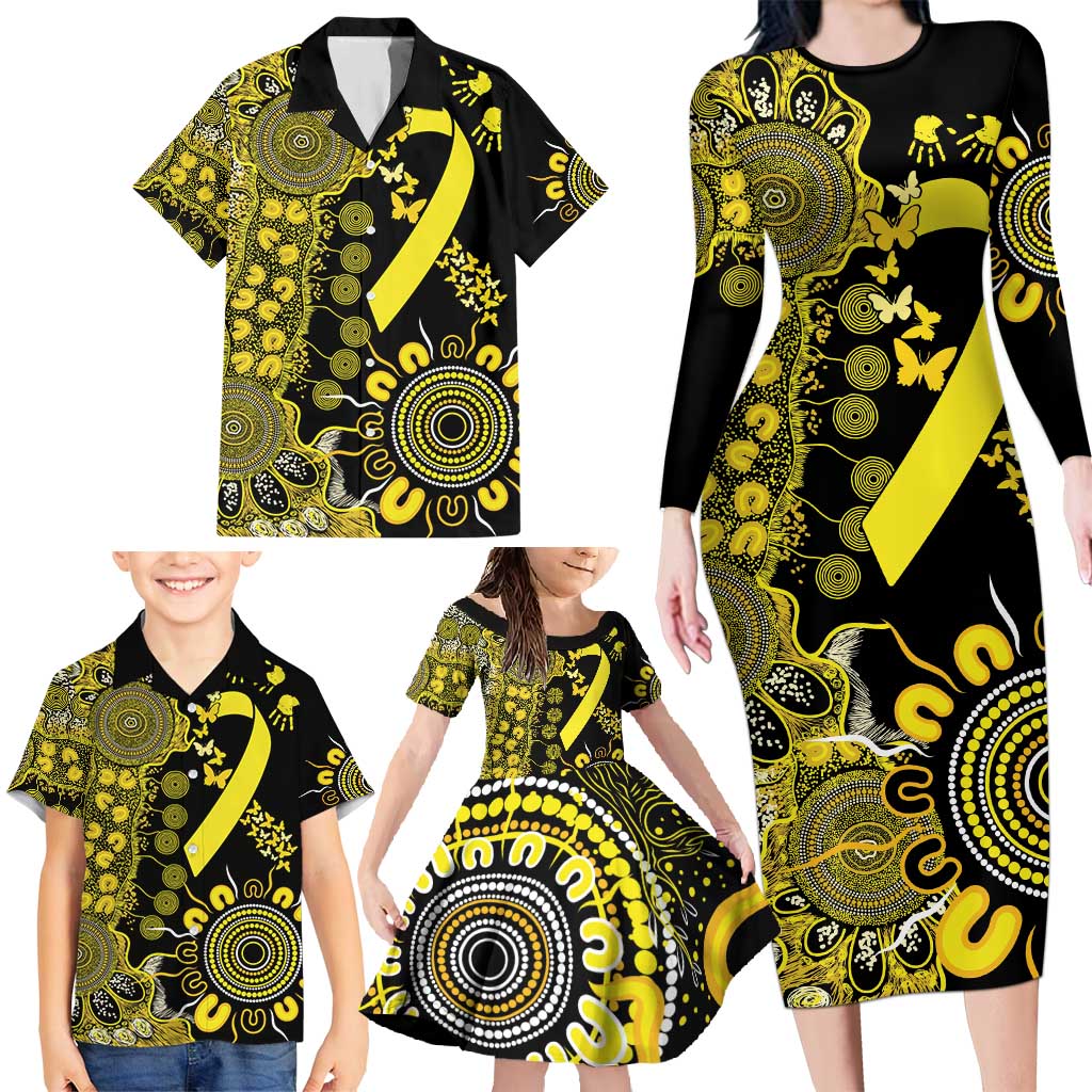 Sarcoma Awareness Personalised Family Matching Long Sleeve Bodycon Dress and Hawaiian Shirt Aboriginal Ribbon Dot Painting