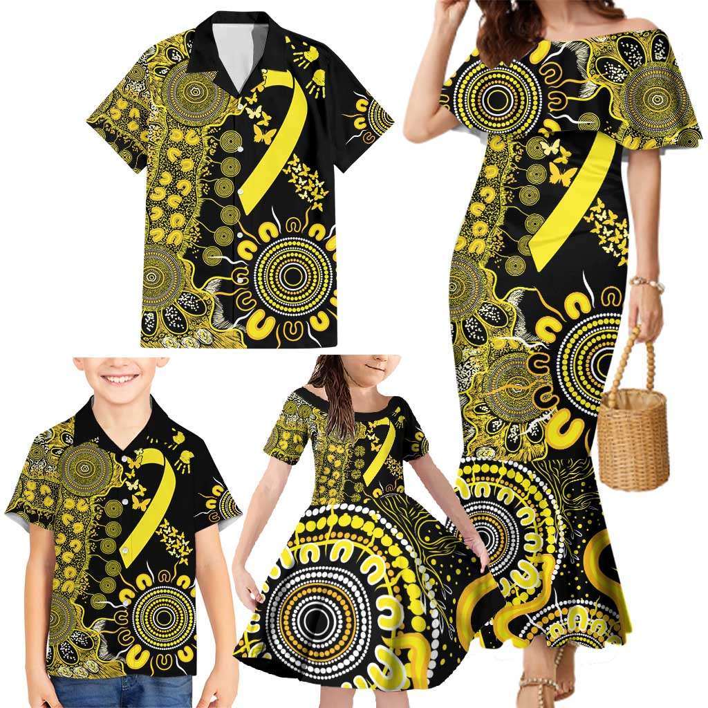 Sarcoma Awareness Personalised Family Matching Mermaid Dress and Hawaiian Shirt Aboriginal Ribbon Dot Painting