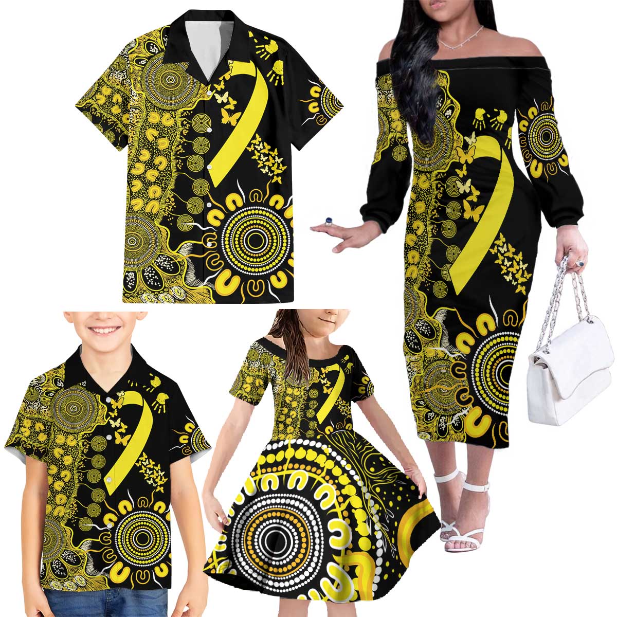 Sarcoma Awareness Personalised Family Matching Off The Shoulder Long Sleeve Dress and Hawaiian Shirt Aboriginal Ribbon Dot Painting