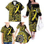 Sarcoma Awareness Personalised Family Matching Off The Shoulder Long Sleeve Dress and Hawaiian Shirt Aboriginal Ribbon Dot Painting
