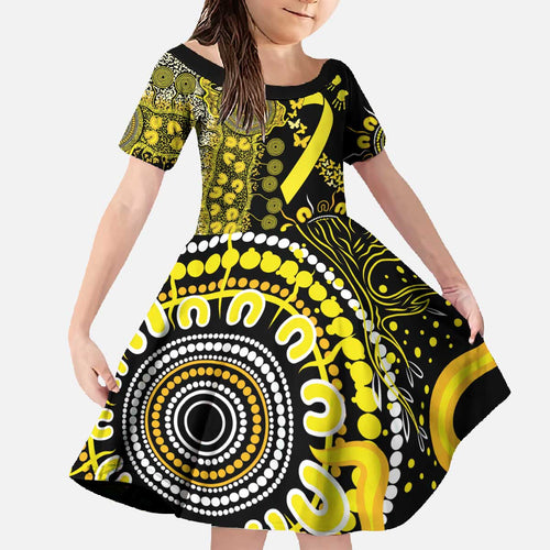 Sarcoma Awareness Personalised Family Matching Off The Shoulder Long Sleeve Dress and Hawaiian Shirt Aboriginal Ribbon Dot Painting