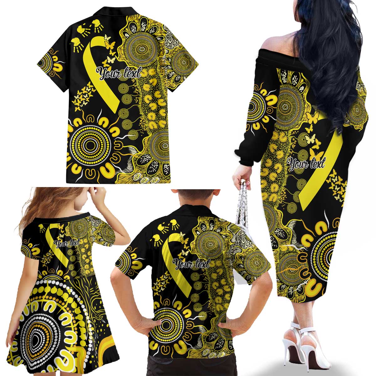 Sarcoma Awareness Personalised Family Matching Off The Shoulder Long Sleeve Dress and Hawaiian Shirt Aboriginal Ribbon Dot Painting