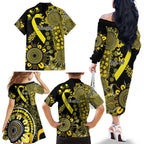 Sarcoma Awareness Personalised Family Matching Off The Shoulder Long Sleeve Dress and Hawaiian Shirt Aboriginal Ribbon Dot Painting