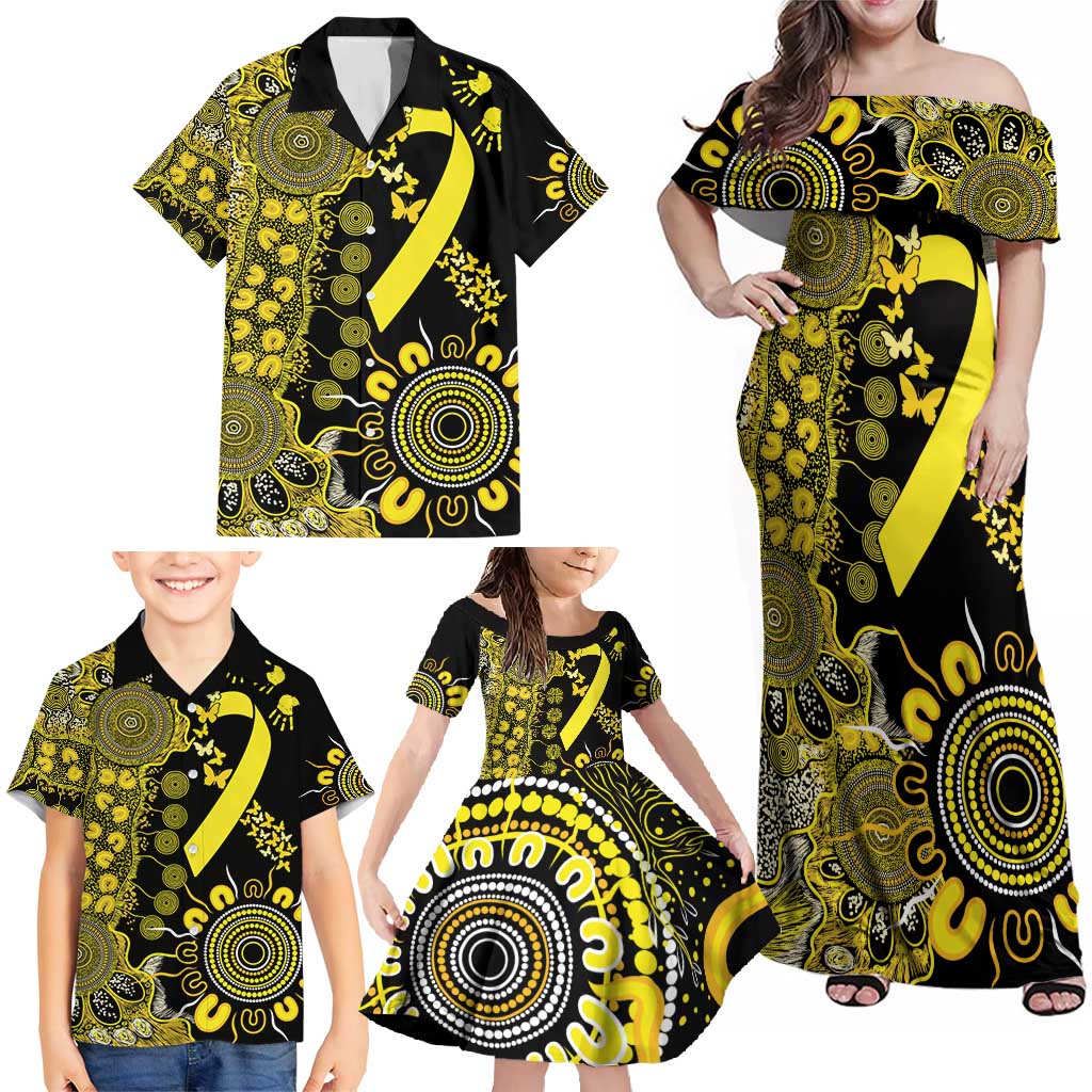 Sarcoma Awareness Personalised Family Matching Off Shoulder Maxi Dress and Hawaiian Shirt Aboriginal Ribbon Dot Painting