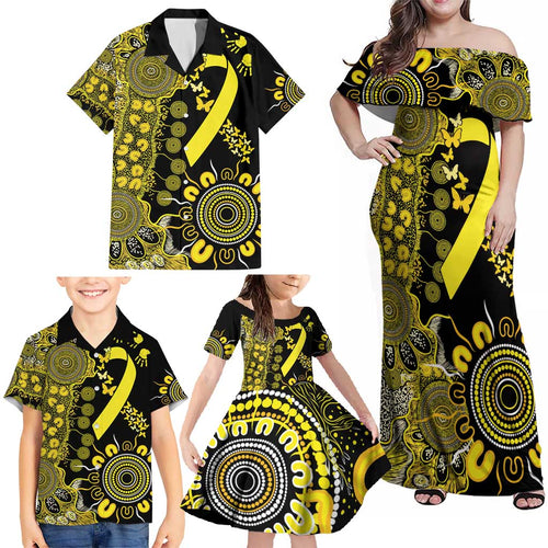 Sarcoma Awareness Personalised Family Matching Off Shoulder Maxi Dress and Hawaiian Shirt Aboriginal Ribbon Dot Painting