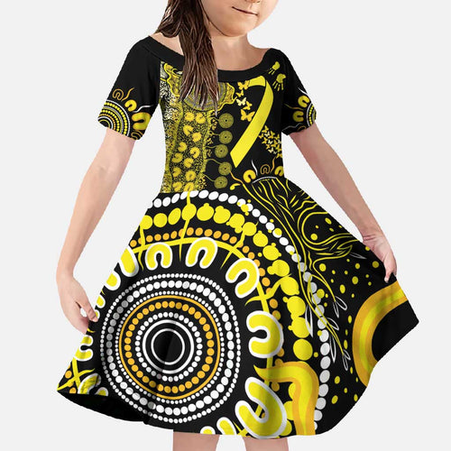 Sarcoma Awareness Personalised Family Matching Off Shoulder Maxi Dress and Hawaiian Shirt Aboriginal Ribbon Dot Painting